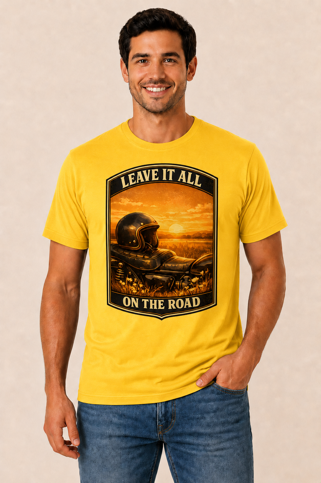 Leave It All On The Road yellow biker graphic t-shirt by Motorcycle Apparel UK