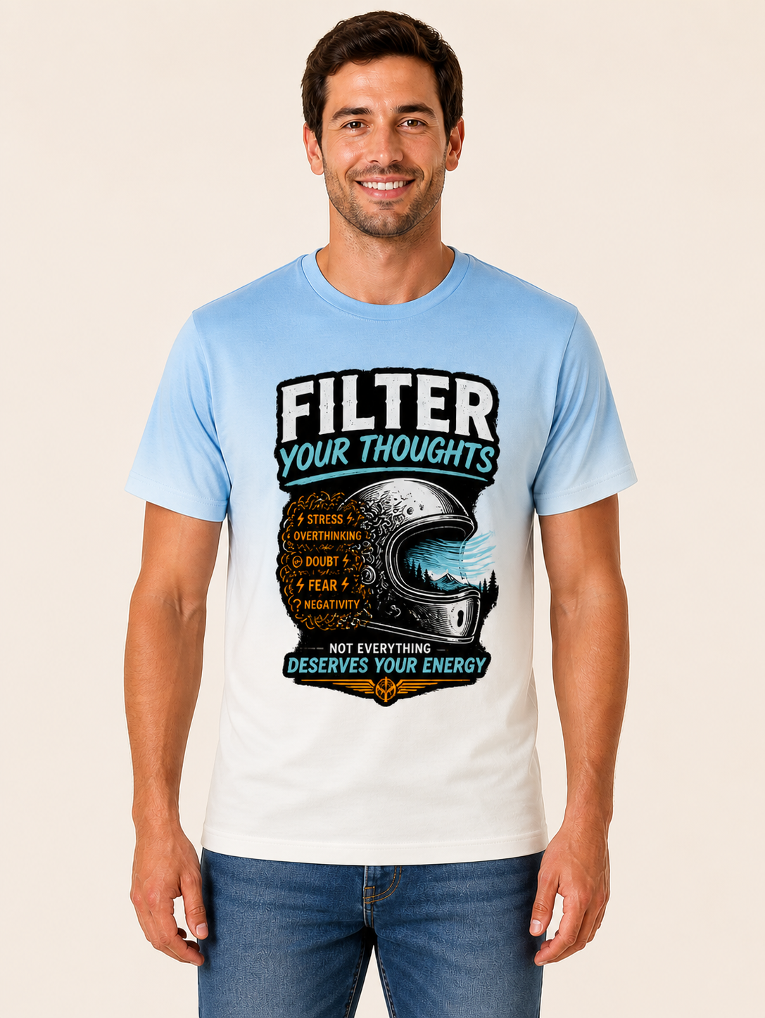 Filter Your Thoughts sky blue motorcycle mindset graphic t-shirt by Motorcycle Apparel UK