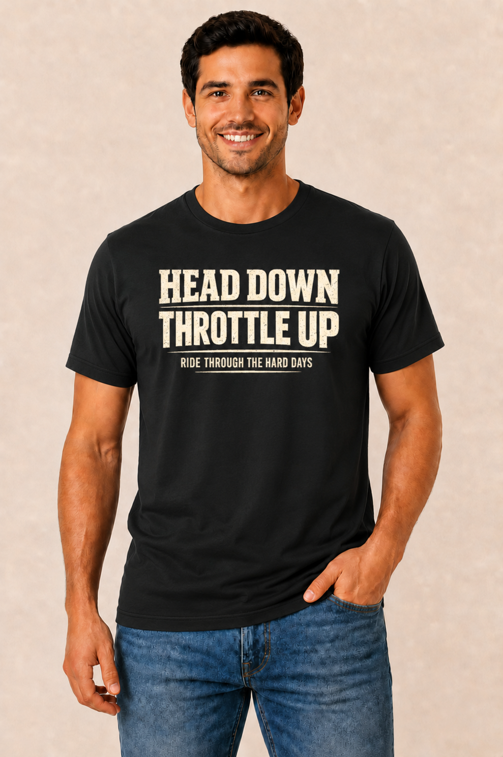 Head Down Throttle Up black biker graphic t-shirt by Motorcycle Apparel UK