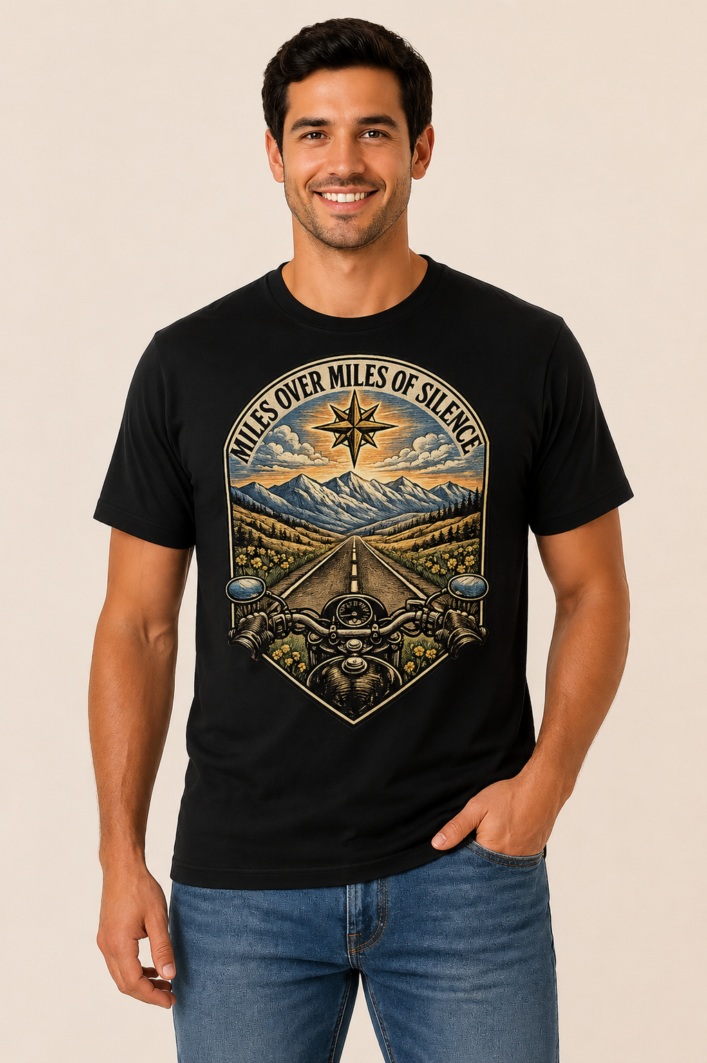 Miles Over Miles of Silence black biker graphic t-shirt by Motorcycle Apparel UK