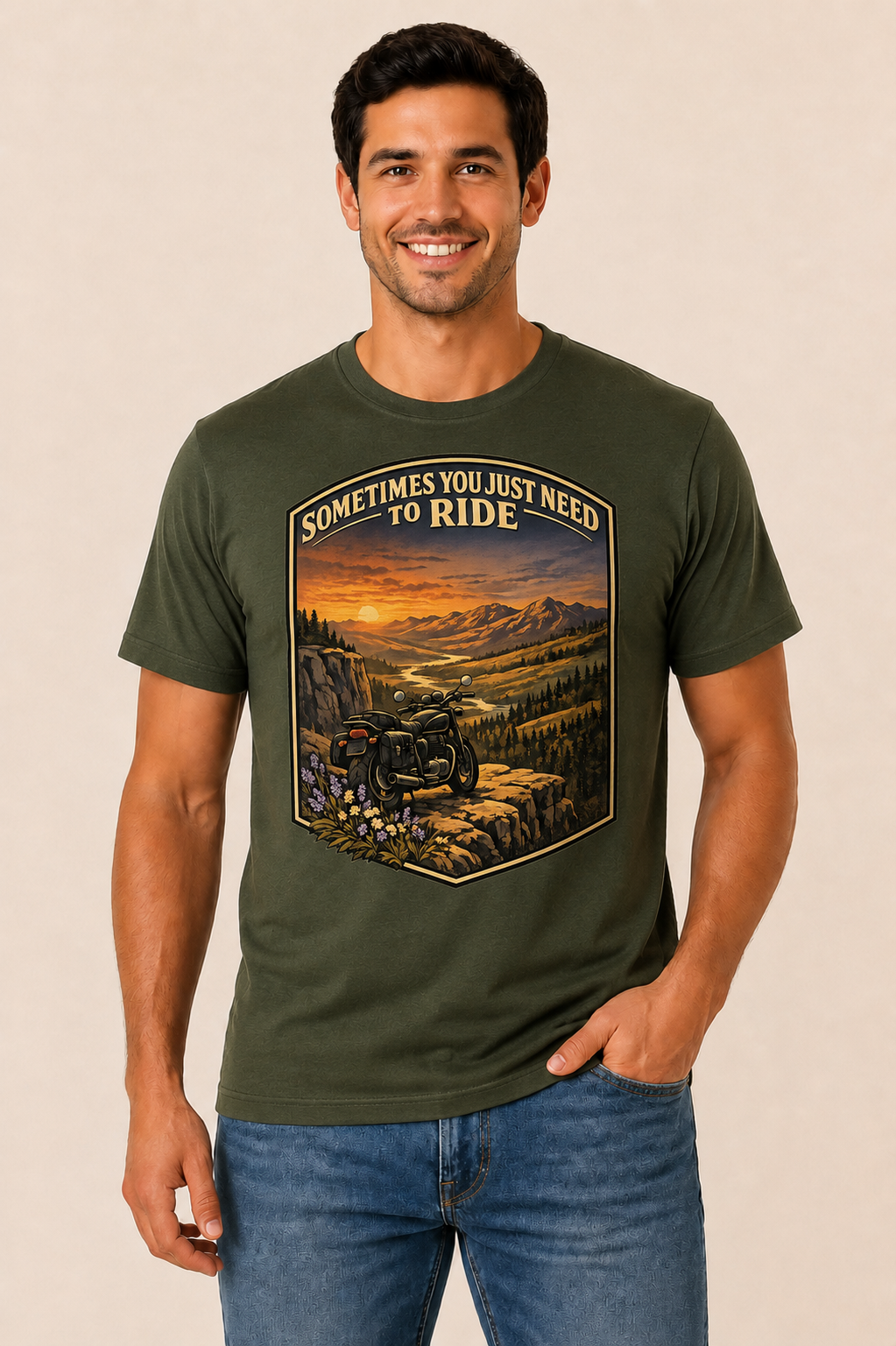 Sometimes You Just Need To Ride bottle green biker graphic t-shirt by Motorcycle Apparel UK