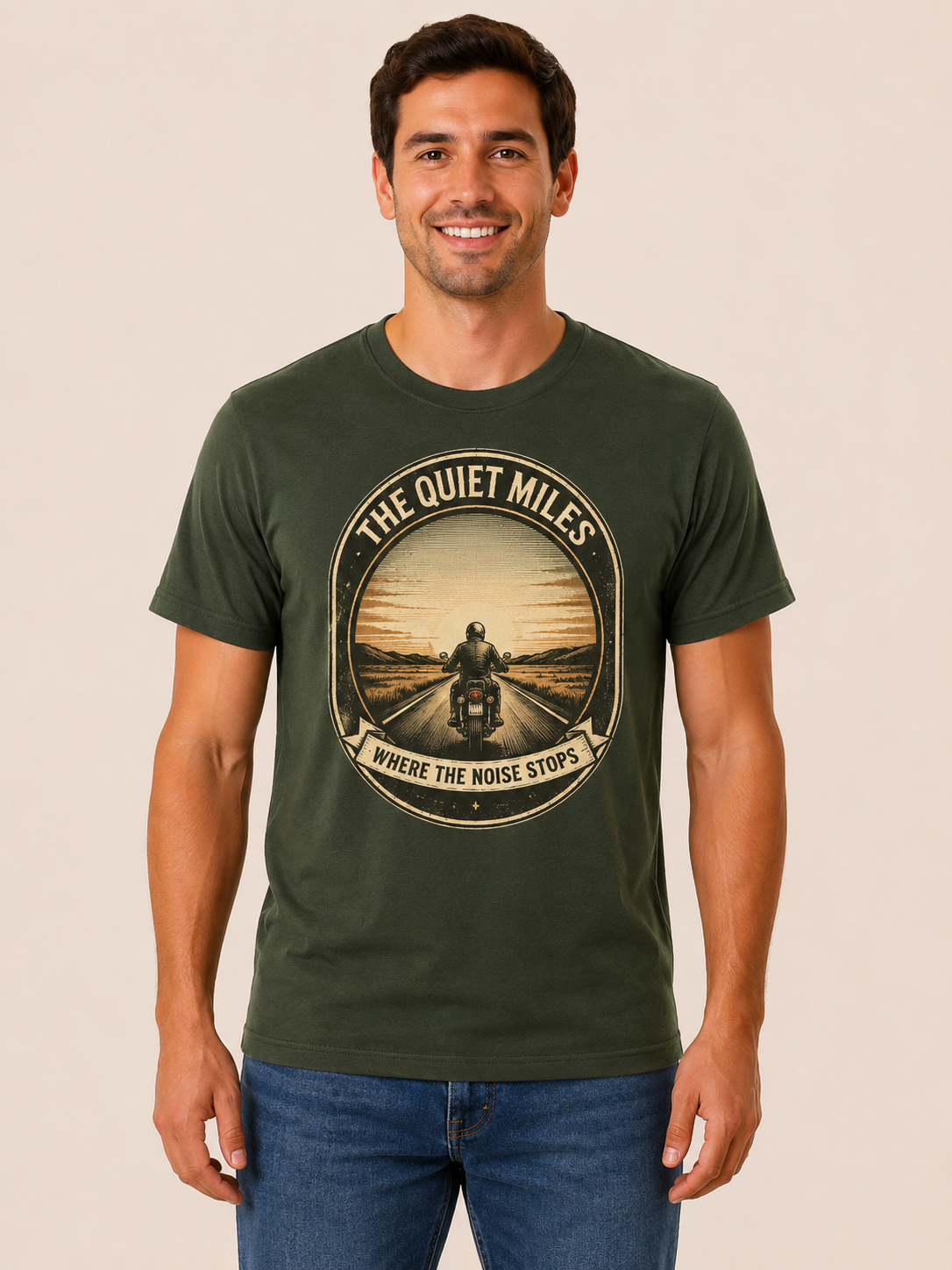 The Quiet Miles bottle green biker graphic t-shirt by Motorcycle Apparel UK