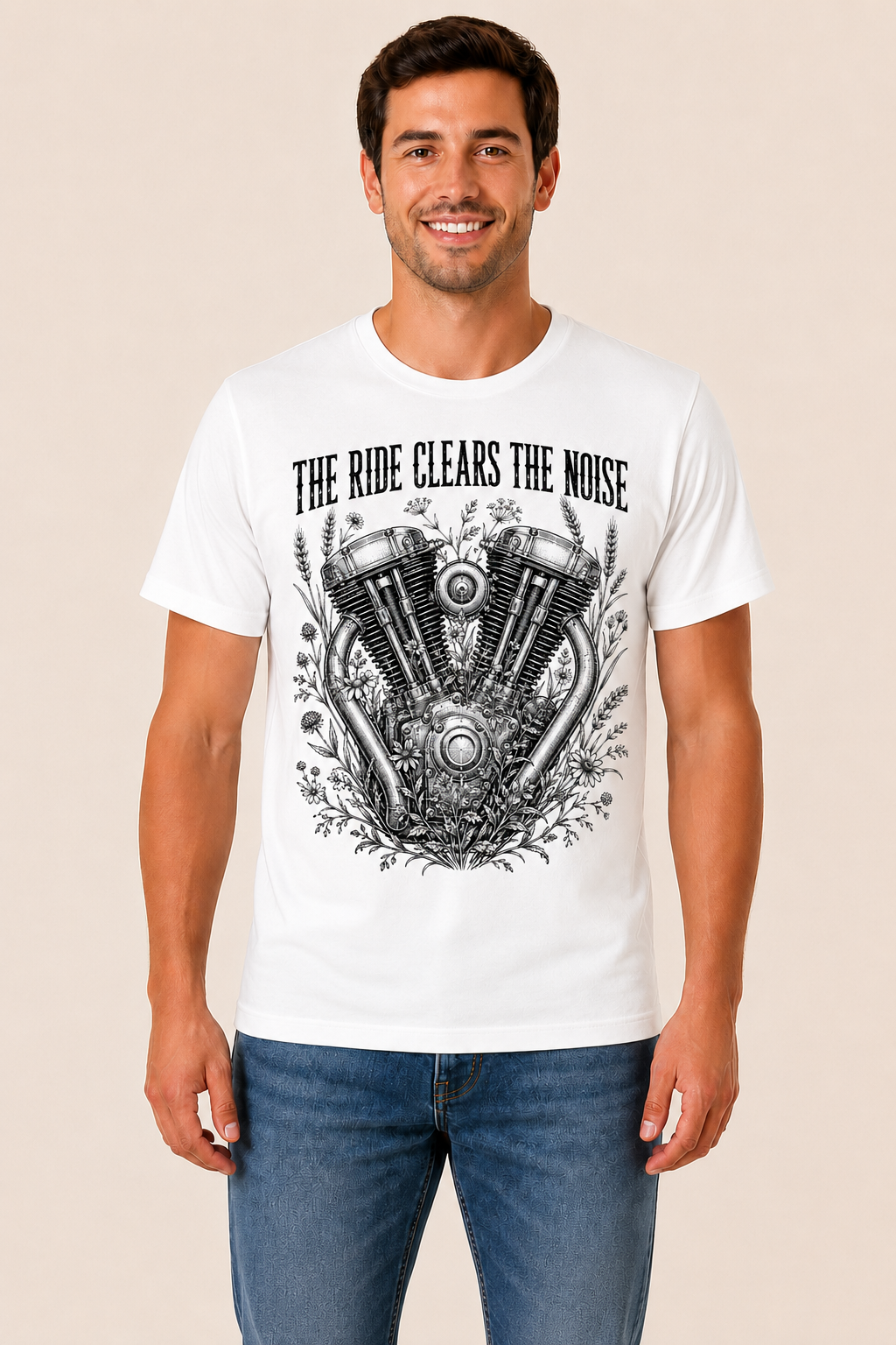 The Ride Clears The Noise white biker graphic t-shirt by Motorcycle Apparel UK